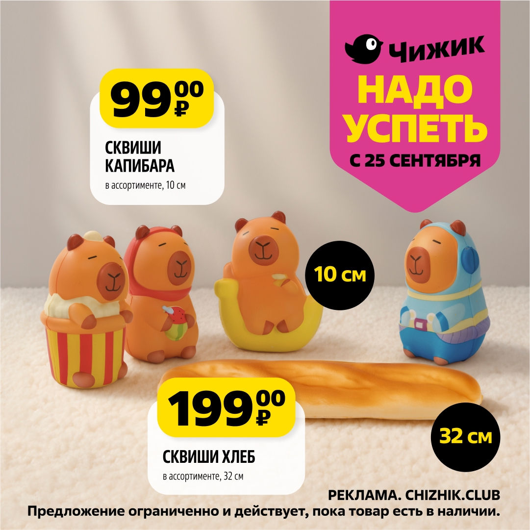 Сквиши-антистресс Капибара, 10см - 99р. Сквиши Хлеб, 32см - 199р. В ассортименте. Забавные игрушки для снятия напряжения.